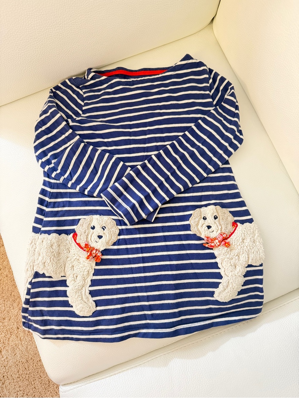 Boden Navy Blue & White Striped Kids Dress with Dog Appliqués